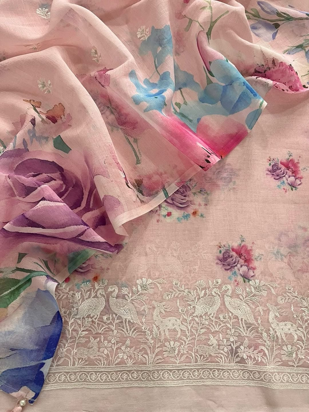 Parsi Embroidered Mulmul Chanderi